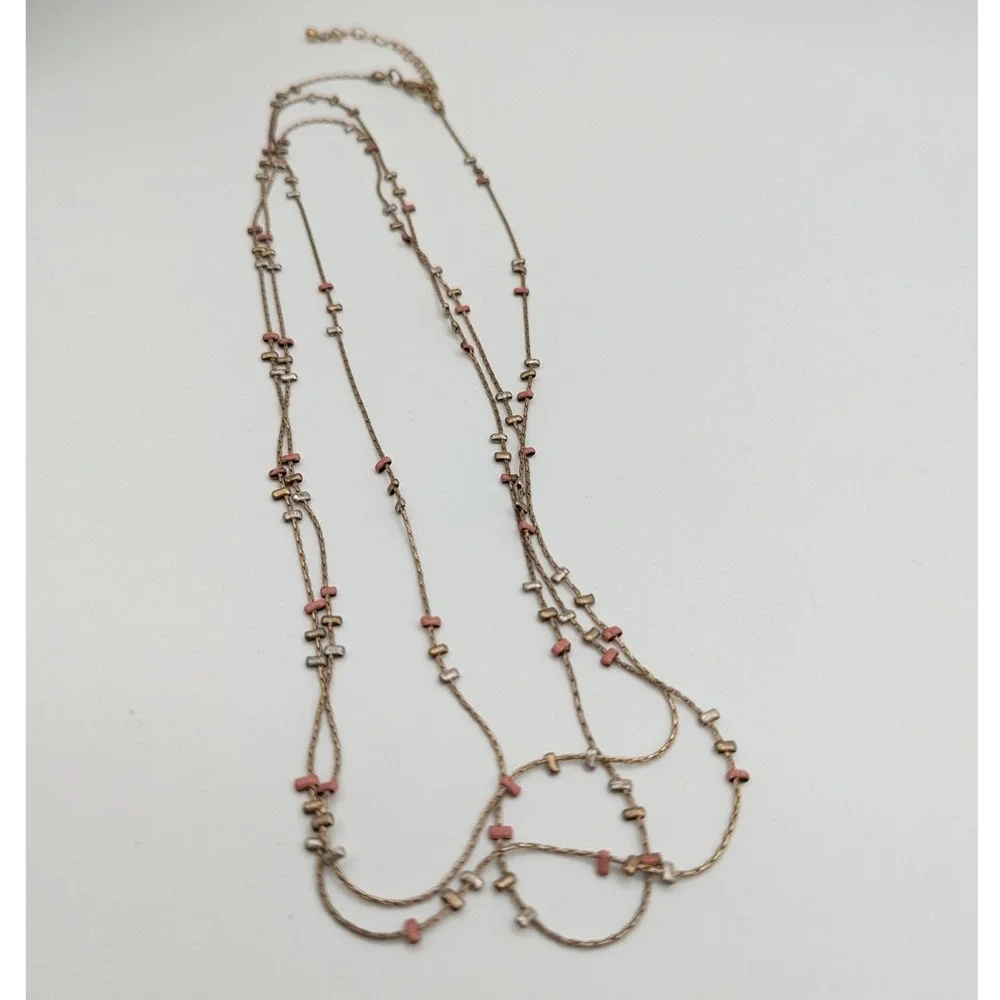 Triple Strand Layered‎ Necklace Gold Silver Coral Pink Bar Bead Long Chain